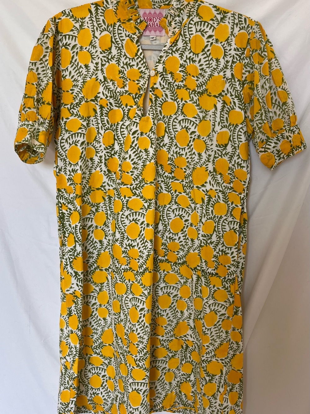 Indian Block Print Lemon Puff-Sleeve Dress